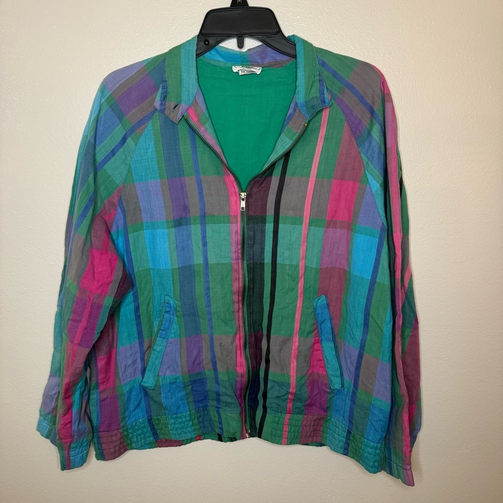 Vintage 80s IZOD Lacoste Madras Plaid Full Zip Bomber Jacket Men’s Medium - Picture 1 of 12